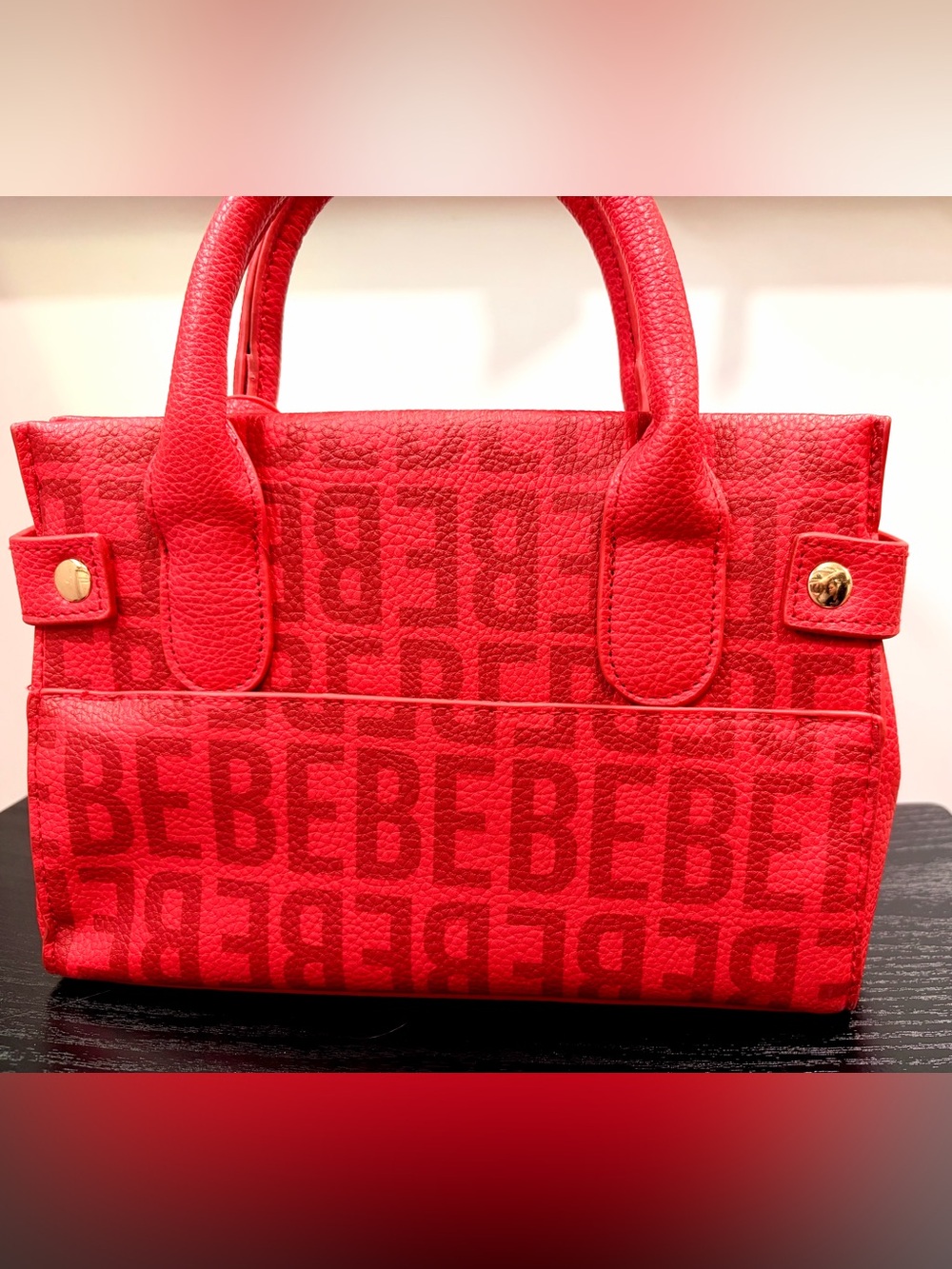 bebe Red Logo Jacquard Satchel with Gold Accents - Picture 3 of 7